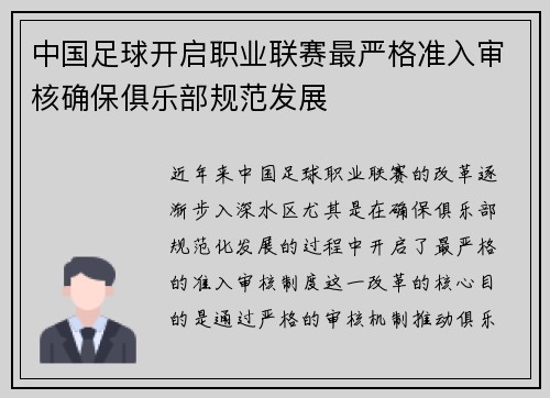 中国足球开启职业联赛最严格准入审核确保俱乐部规范发展