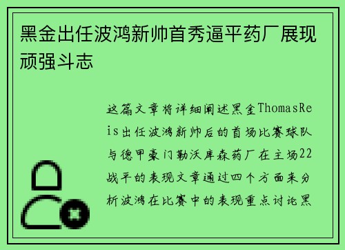 黑金出任波鸿新帅首秀逼平药厂展现顽强斗志